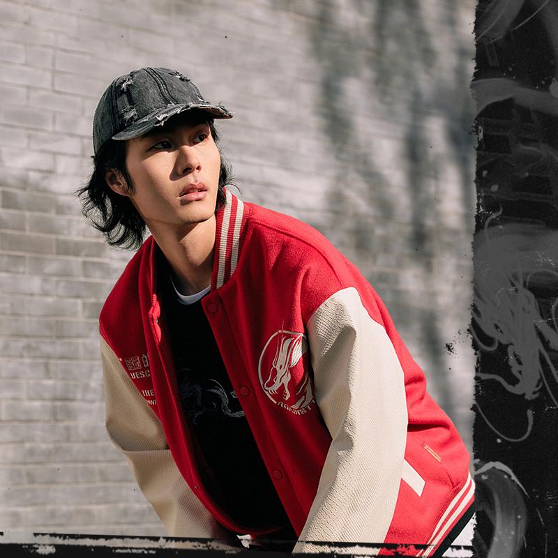 Li Ning CF Logo Letter Print Single-Breasted Loose Baseball Jacket Unisex Jackets Agate-Red AJDU253-2