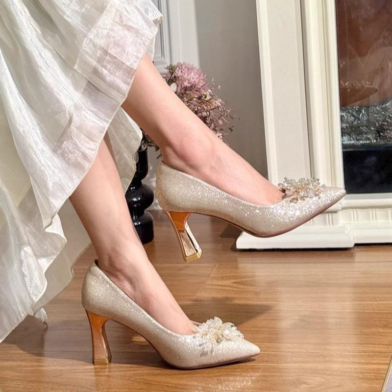 Rhinestone Flower Block Heel Single Shoes Autumn New Pointed Toe Shallow Mouth Slip Foot Anti-Slip Wear-Resistant High Heels