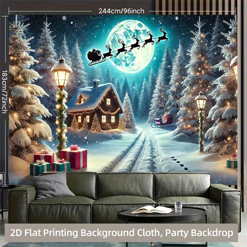 2D Magical Christmas Backdrop Snowy Cabin & Santa Sleigh Full Moon Party Background