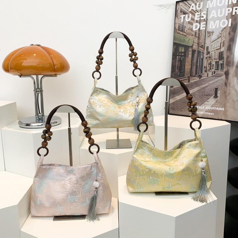 Stylish Silk Jacquard Tote Bag For Women With Elegant Vintage Design In Pink Yellow And White