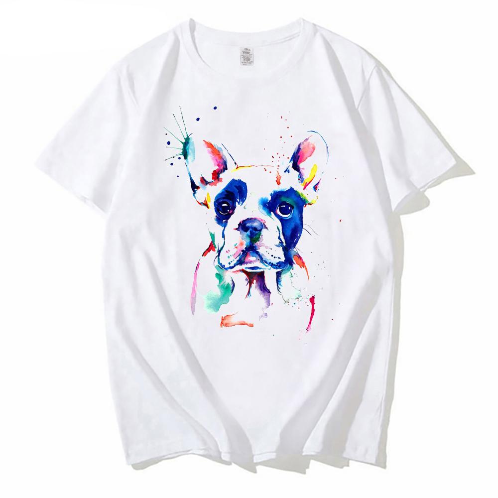 New Fashion Men O-Neck Active French Bulldog Watercolor Print unisex streetwear white Hip Hop Geek Short Sleeve T Shirts