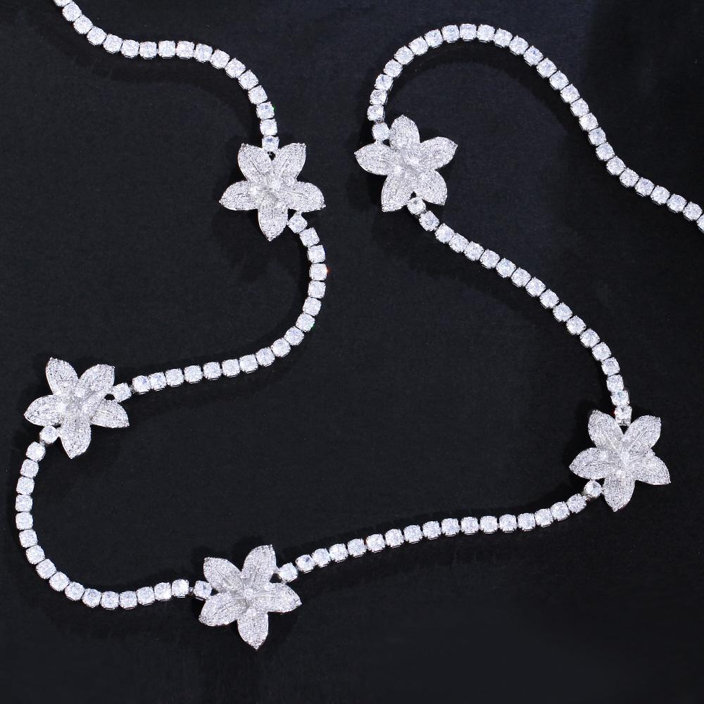 Chic Round Gorgeous Fashion Jewelry Cubic Zirconia Flower Chain Link Long Sweater Tennis Necklace for Women Bridal Party