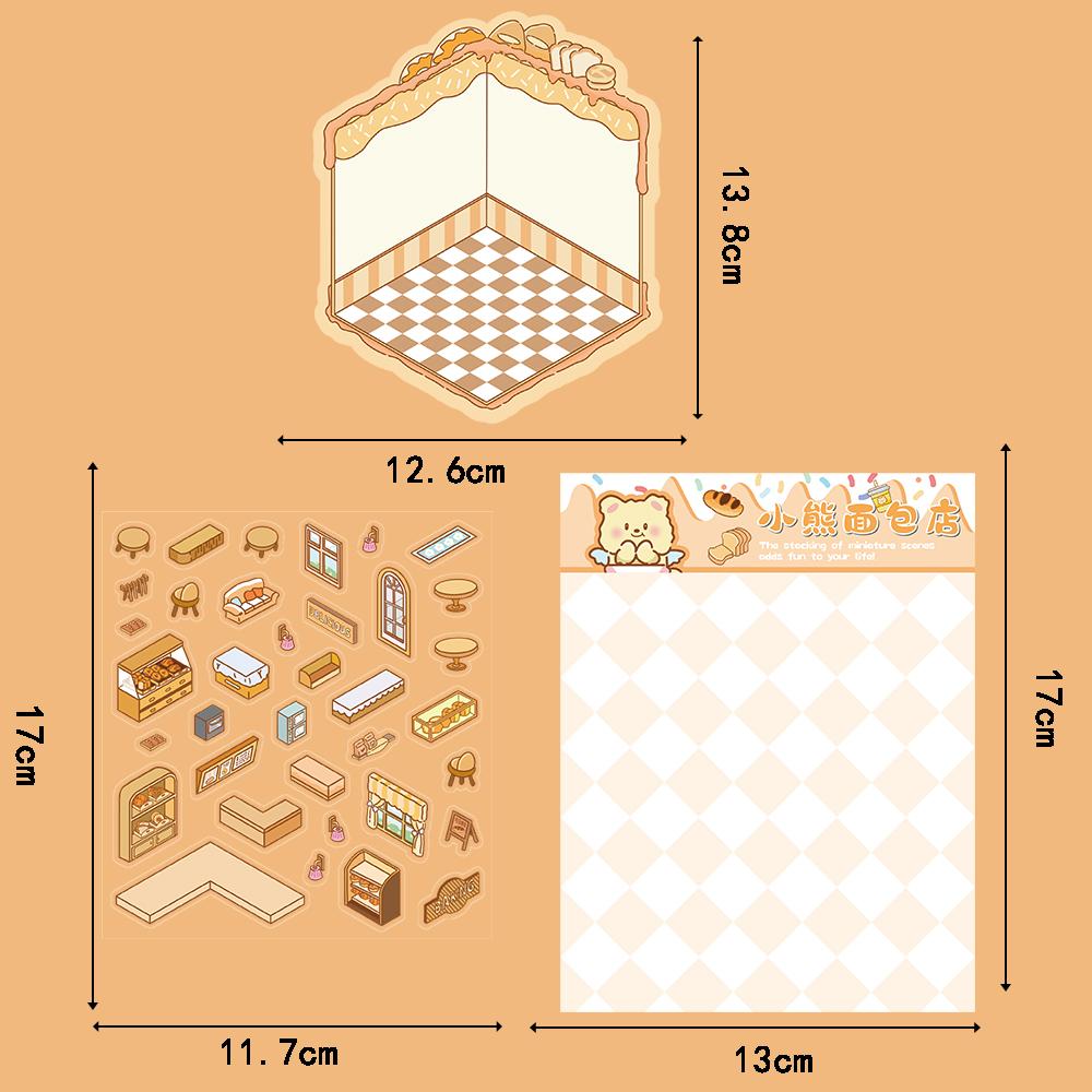 2PCS Little Bear Bakery Landscape Sticker Nostalgia Landscape Stacking Scene Hand Paintings Cartoon Skateboard Cafe Stickers