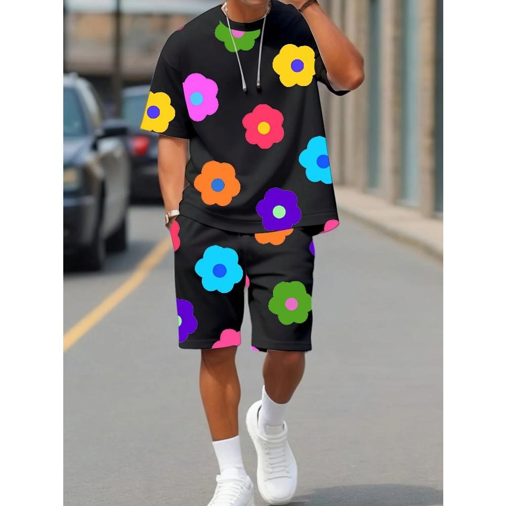 Zomer 2025 nieuwe herenset met kleurrijke bloemenprints, casual set met ronde hals, T-shirt met korte mouwen en korte broek, zomer outdoor