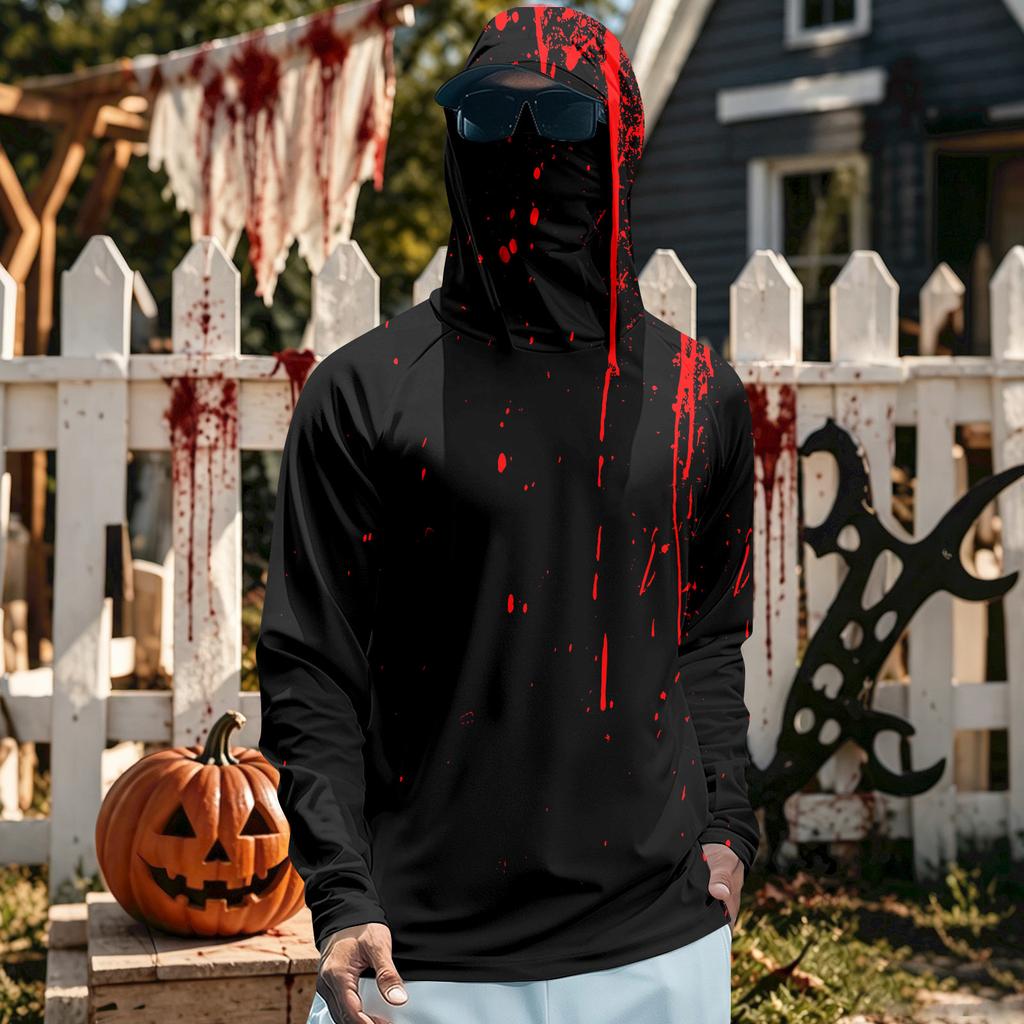 Men's Long Sleeve Hooded T-Shirt Quick Dry Sun Halloween for Fishing Fitness Sports