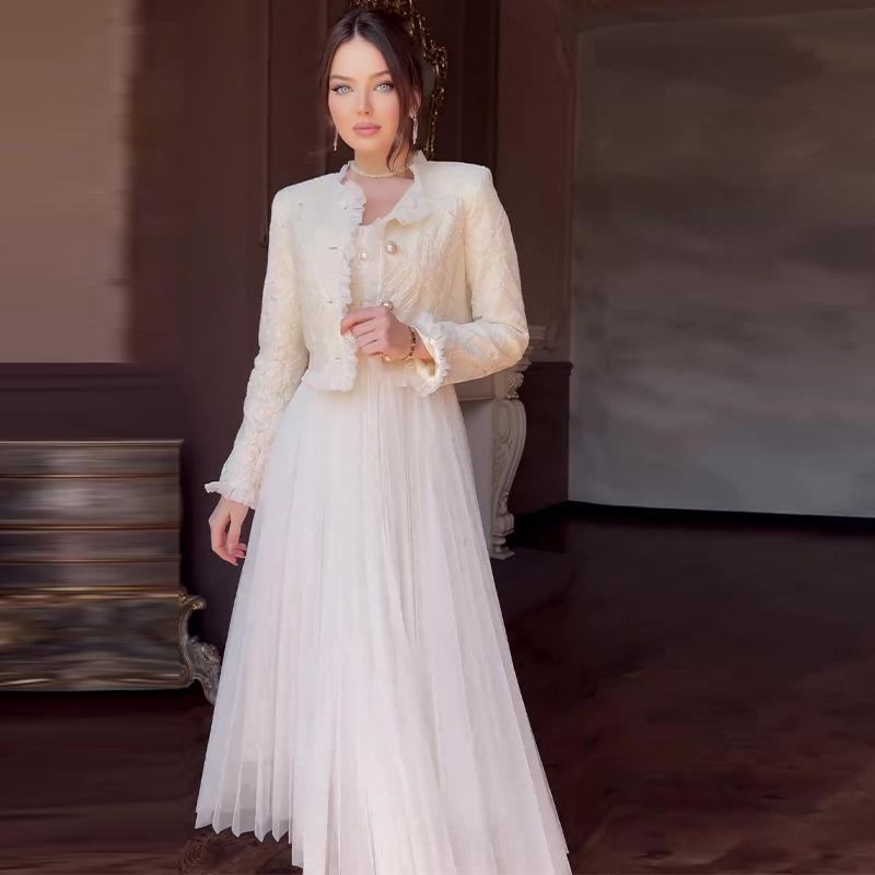 

2024 Европейский и Американский Элегантный Женский Комплект Длинного Платья с Кружевом в Маленьком Аромате во Французском Стиле XXXL абрикосовый