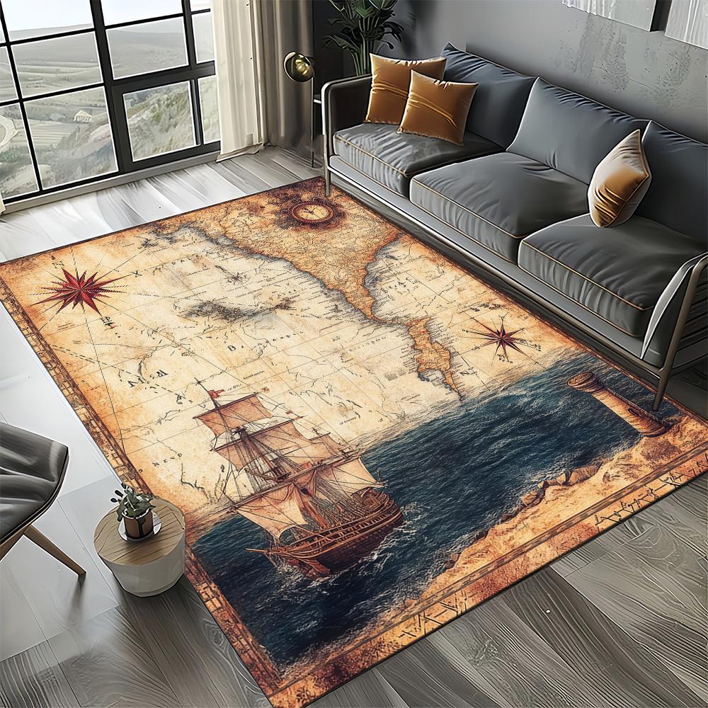 2025 New Style Retro Marine Nautical Chart Compass Carpet Rug for Home Living Room Bedroom Sofa Doormat Decor,Non-slip Floor Mat
