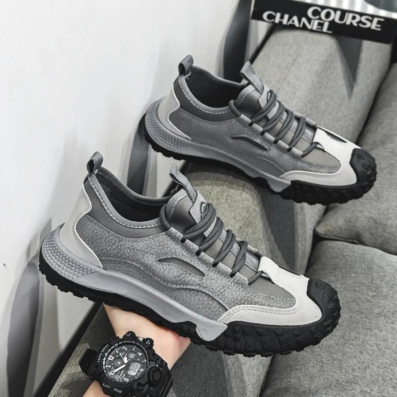 Outdoor Men Hiking Shoes Anti-slip Platform Men Sneakers Retro Leather Jogging Shoes Fashion Wear-resistant Trekking Shoes Male