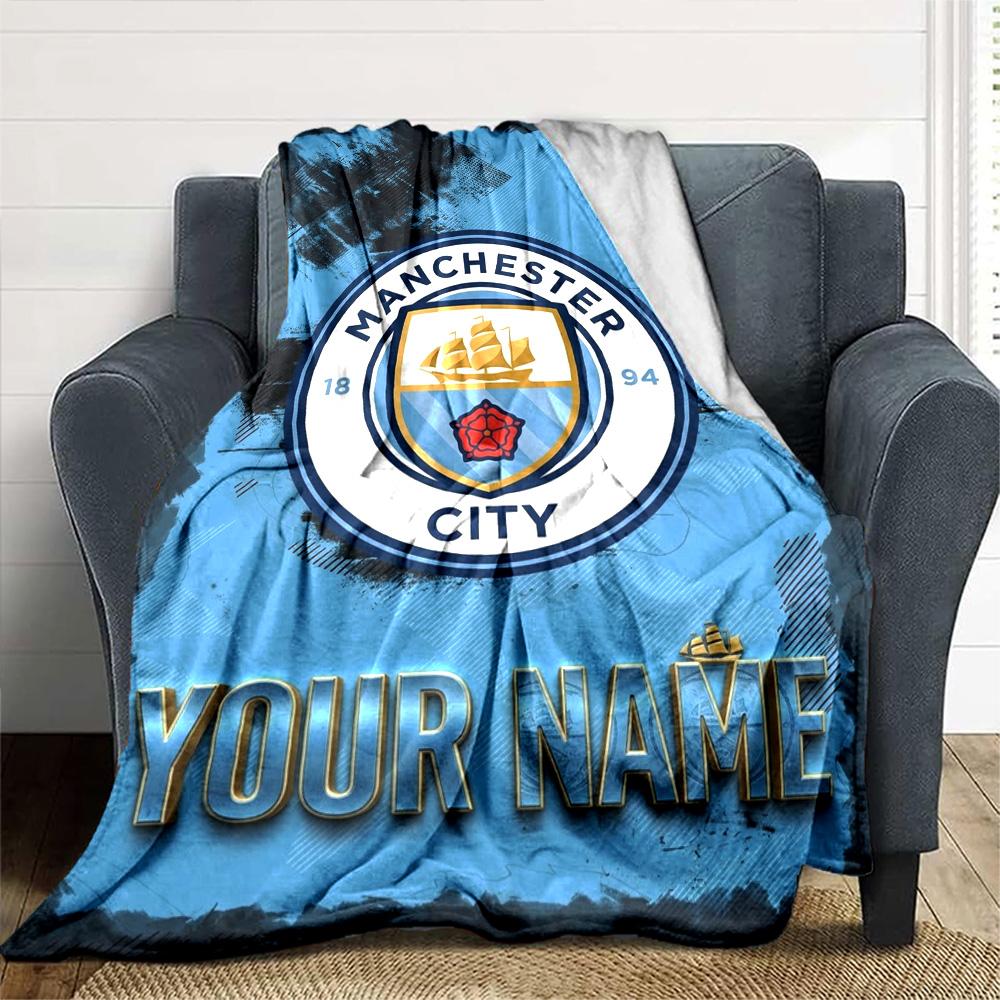 Name Custom Manchester City FC Logo Print Flannel Blanket High Quality Warm Comfortable Cover for All Seasons Perfect for Gifts Home Decor