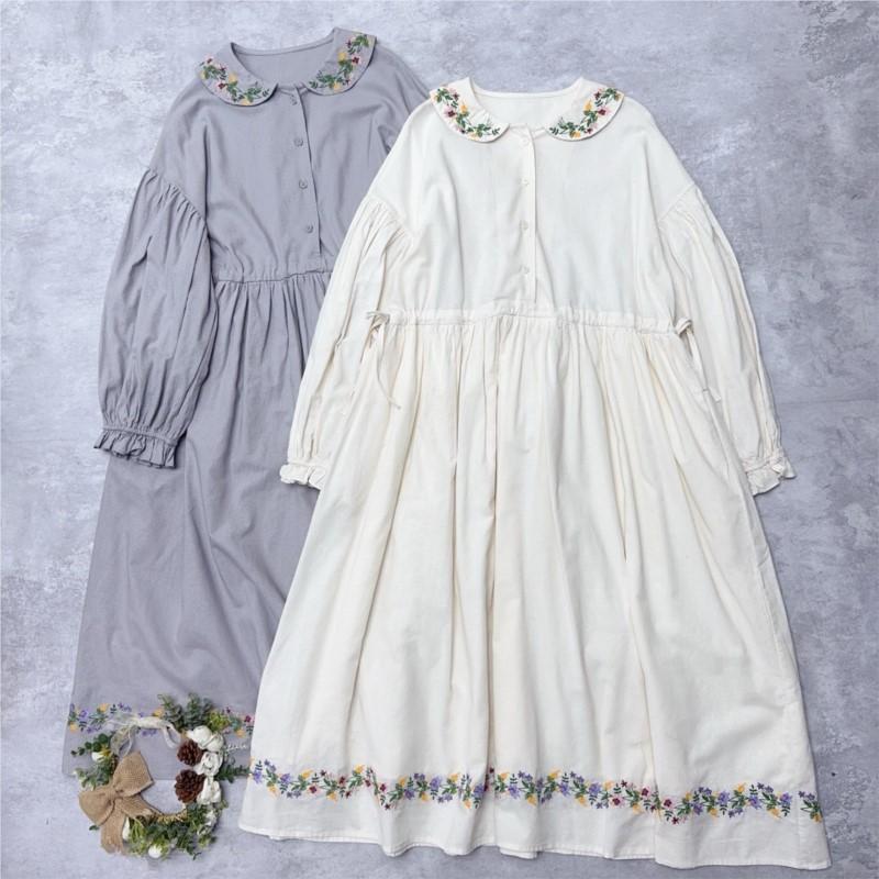 Johnature Embroidered Adjustable Waist Dress Long Sleeve Artistic Vintage Loose A-Line Long Dress For Women