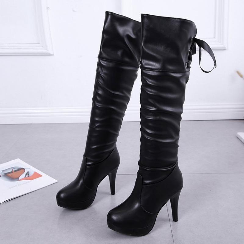 Autumn and Winter New Korean Version High Heels Women's Knee High Boots with Lace Up Casual Women's Martin Boots