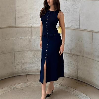 Women's Sleeveless Midi Dress Button Front Slit Bodycon Elegant Party Evening Dress Solid Color Round Neck