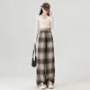Women's Retro Black & White Plaid Wool Blend Wide-Leg Pants: Fleece-Lined, Thickened, Loose Fit for Autumn/Winter Casual Style.