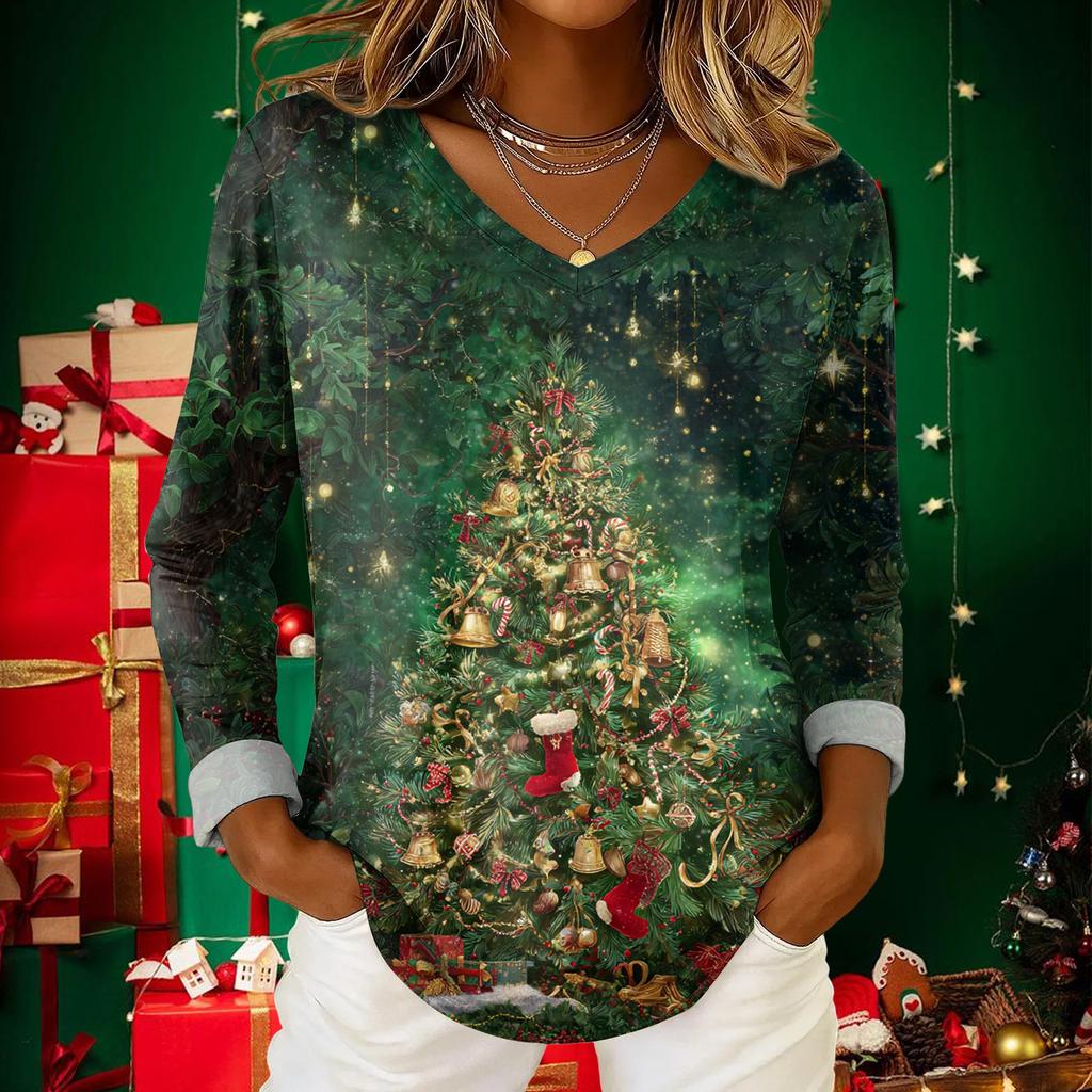 Women's Christmas Print Casual V-Neck Long Sleeve Top
