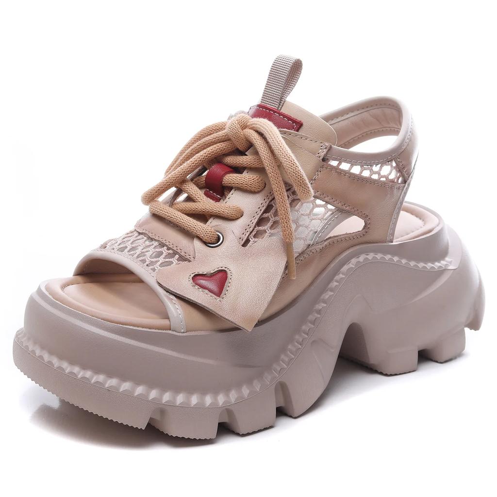 Fashion High Quality 7CM Cow Genuine Leather Women Flats Pumps Peep Toe Flower Platform Wedge Ladies Hollow 2025 Summer Fashion Sandals