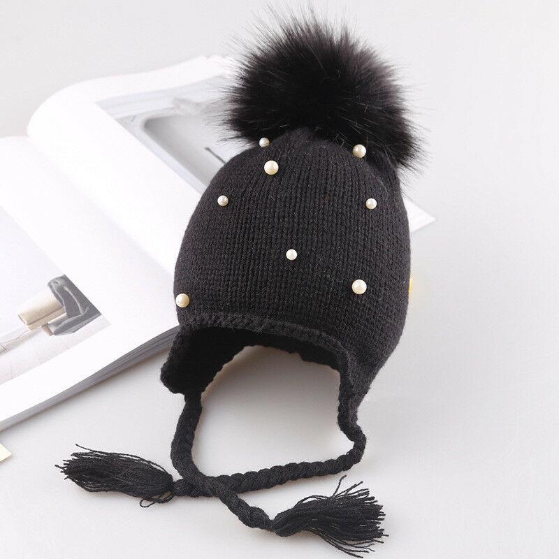 Winter Warm Newborn Infant Kids Hats Baby Girls Hats Hair Ball Earbud Pearl Crochet Hats Boys Warm Knit Caps For Girls Hats