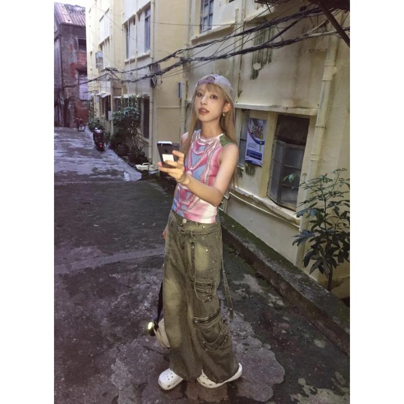 American New Vintage Wash Cargo Jeans Women High Street Design Straight Leg Loose Wide Leg Female Fashion Y2k Drop Long Pants