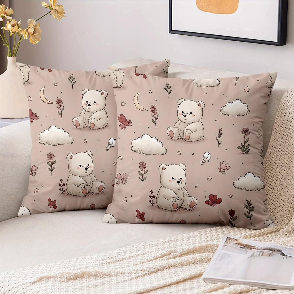 1 Pieces Cute Bear Cloud Flower Pattern Throw Pillow Polyester Pillowcase, Sofa Decorative Cushion Cov Headboard Pillow