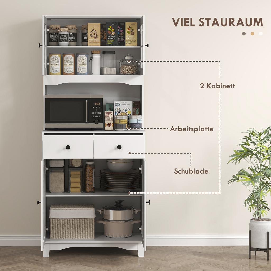 Freestanding Kitchen Storage Cabinet with Worktop, Glass Doors, White