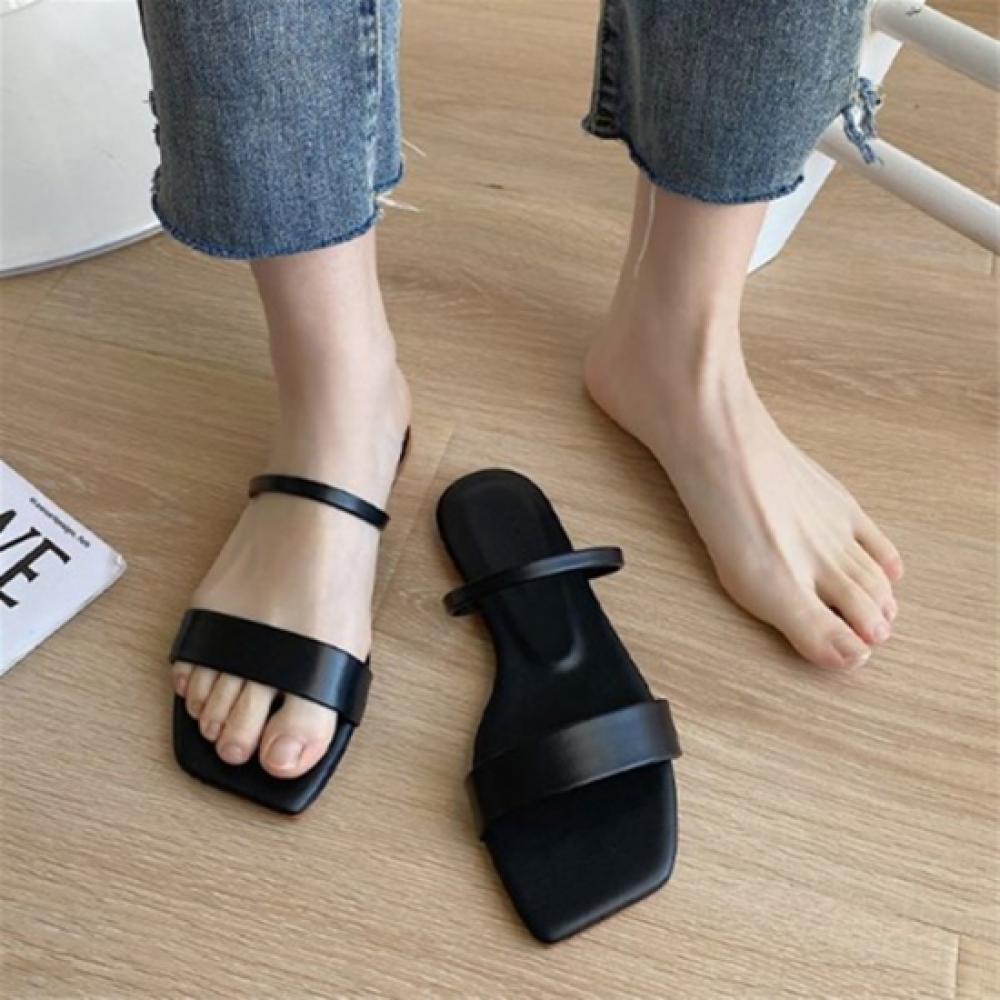 New Arrivals Open Run Women Simple Double Strap Sandals Black Beige