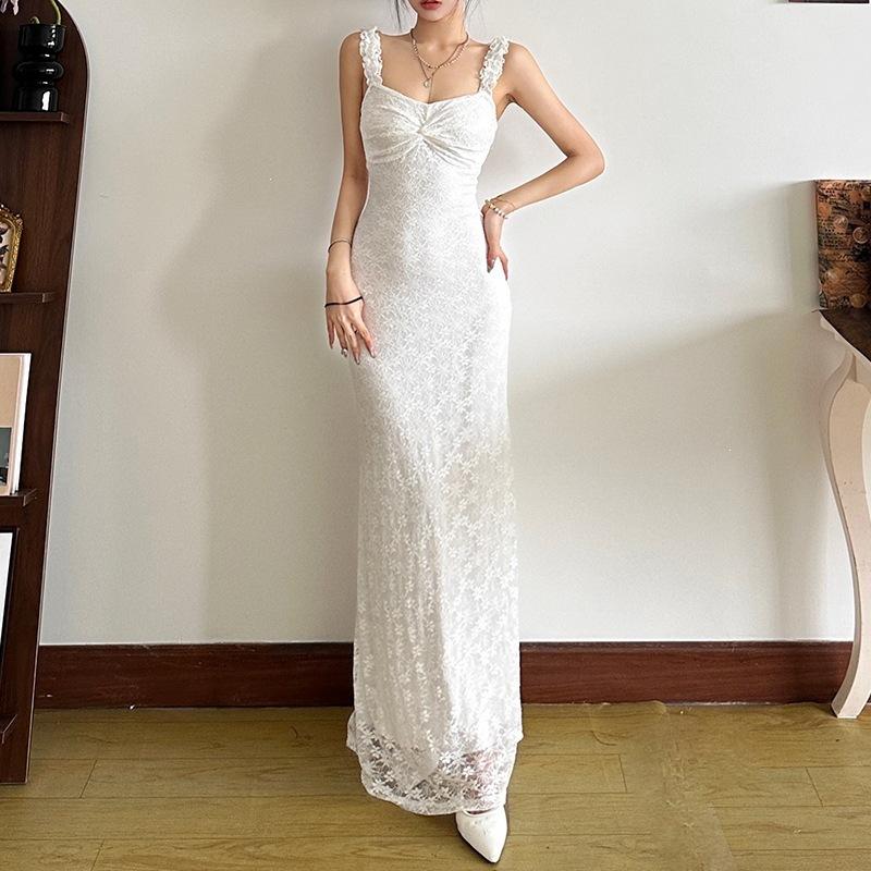 KD European and American wind spring new women's clothing suspender long dress sexy slim solid color dress