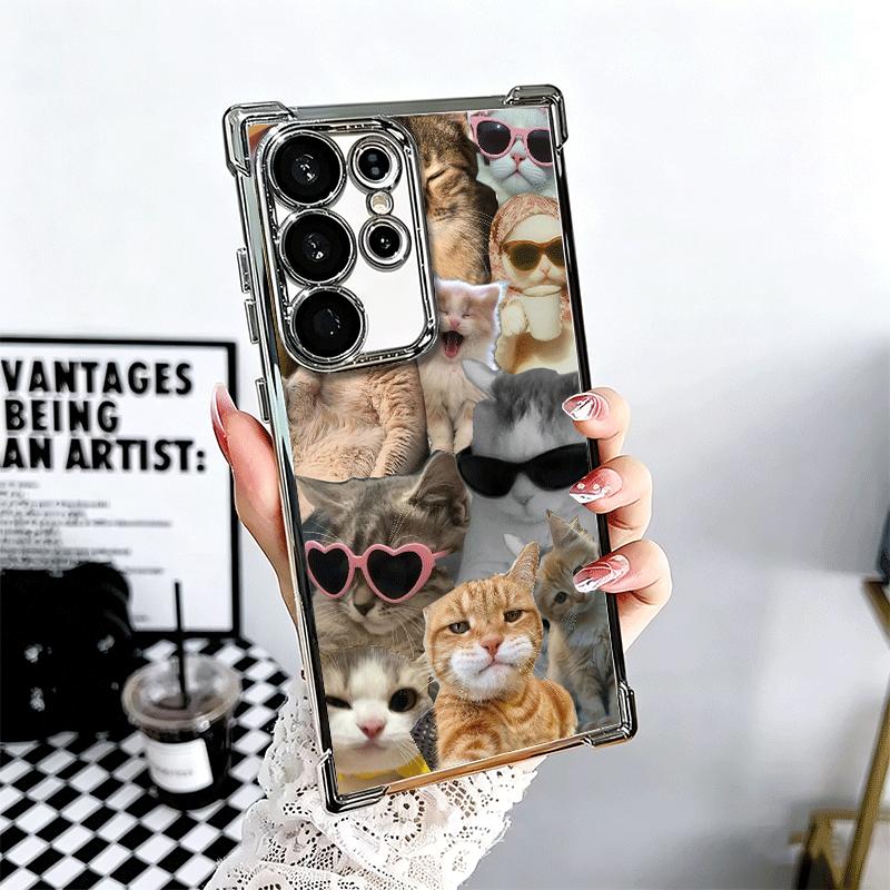 Crying Cats Combine Memes Plating Phone Case For Samsung Galaxy S24 S25 FE S26 Edge S23 Ultra S22 S21 Plus S20 Anti-Fall Airabag