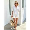 Women's Loose Two Piece Outfit V Neck Half Sleeve Top Elastic Waist Shorts Casual Linen Set