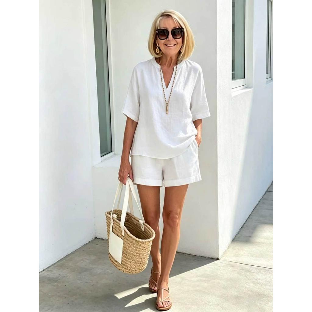Women's Loose Two Piece Outfit V Neck Half Sleeve Top Elastic Waist Shorts Casual Linen Set