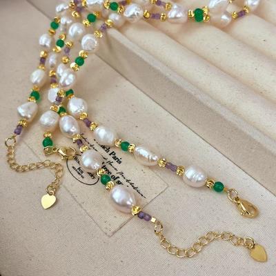 Vintage Natural Freshwater Baroque Pearl Natural Amethyst Chalcedony Clavicle Chain Necklace Female Atmosphere