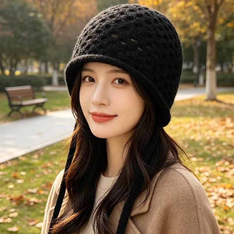 Hollow ear protector knitted hat women's autumn and winter lace-up headgear retro woven wool hat outdoor outing hat
