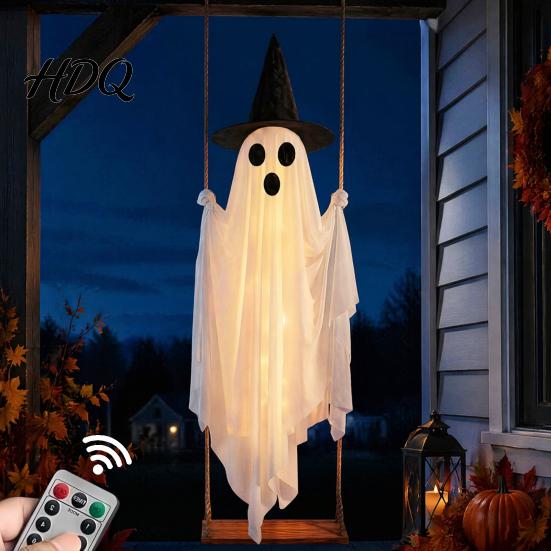 Gruseliger LED-Geist für den Garten Leuchtende Halloween-Hängeschaukel mit Hexenhut, Fernbedienung Einstellbar Langlebige Stoffdekoration Helligkeit, Fliegend