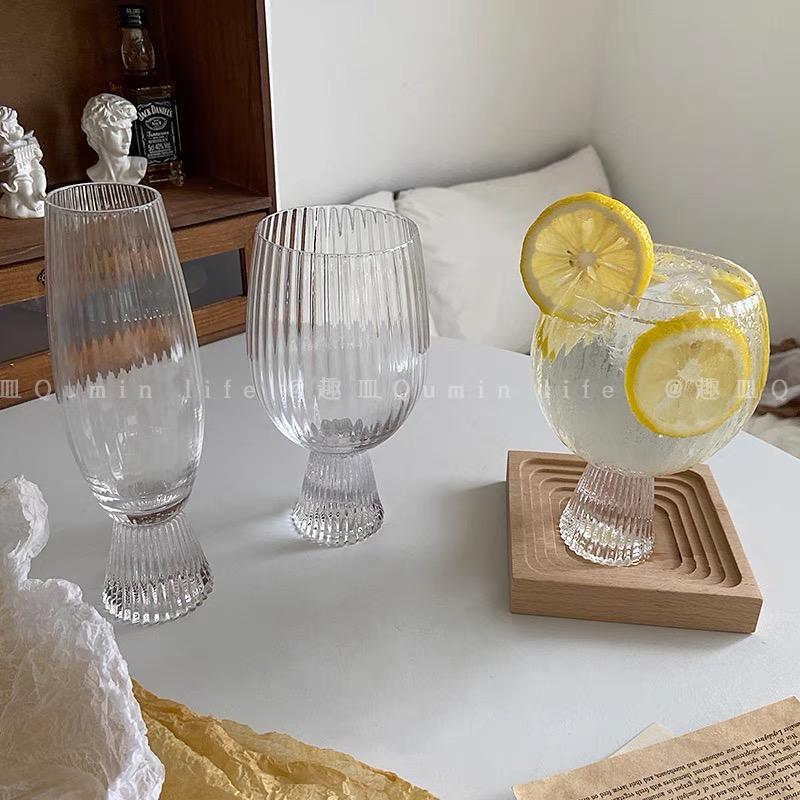 Round Drum Water Cup Ins Style Glass Fat Round Cup Stripe Cute Milk Coffee Cup Simple French Drinking Utensils Desktop Ornaments