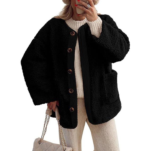 Women's Warm Winter Coat Collarless Casual Long Sleeve Button Plush Lamb Suede Jacket Coat