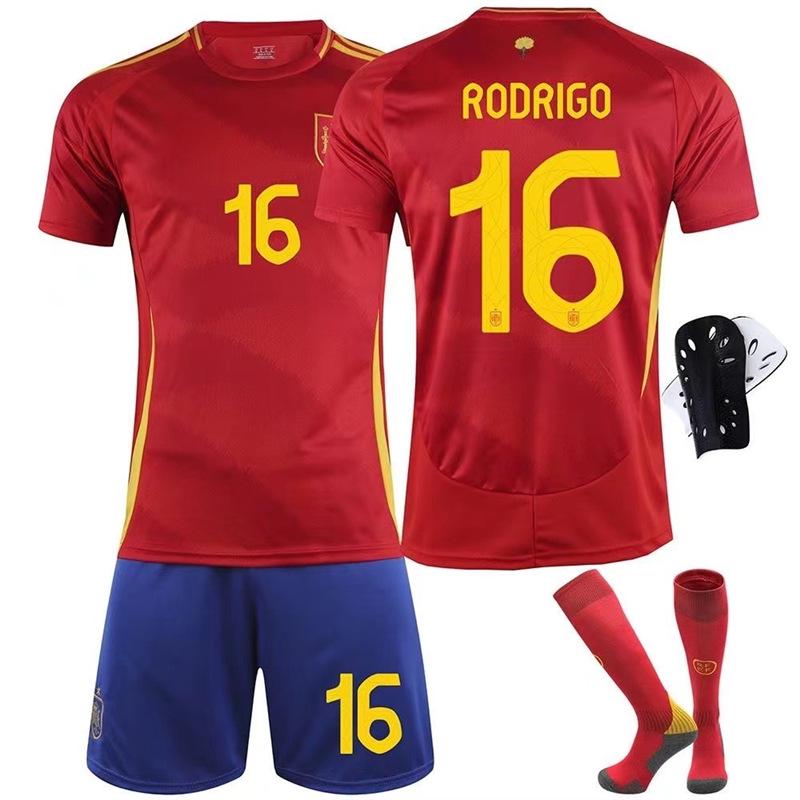 2024 Europeisk Hemma-tröja: Yamal #19 & Rodri #16 Kortärmad Fotbollströja för Barn och Vuxna