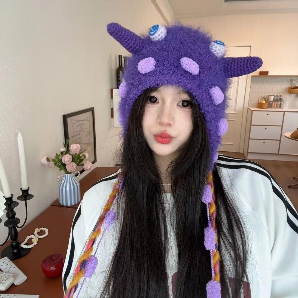 Snail Eyes Cleat Plush Beanies Hat Earflap Tassels Hat Funny Alpaca Fiber Pullover Cap  Girls
