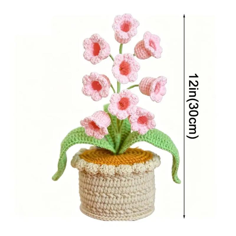 Lily of The Valley Crochet Flowers Artificial Potted Flower with Night Lights Cordless Table Lamp Ornament Desk Home Decorations