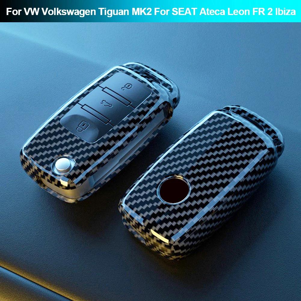 Nowe etui na kluczyk samochodowy z włókna węglowego, 3 przyciski, osłona kluczyka ABS, ochrona breloka do VW Volkswagen Tiguan MK2, dla SEAT Ateca Leon FR 2 Ibiza