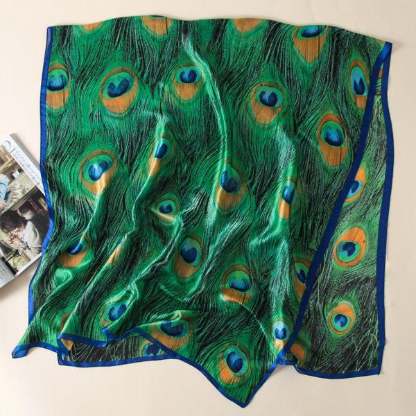 Latest Lovely Animal Green Peacock Feather Silk Shawl Scarf Spain Luxury  Beach Bandanas Foulard Sjaal Wrap Hijab Caps