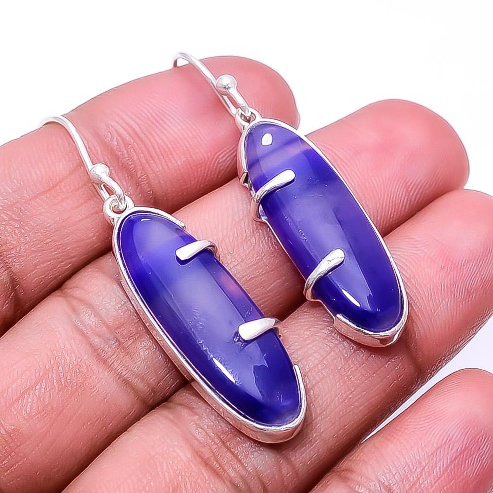 

Серьги ручной работы из стерлингового серебра 925 пробы с полосчатым халцедоном - бразильские дизайнерские серьги 1,95 дюйма E4