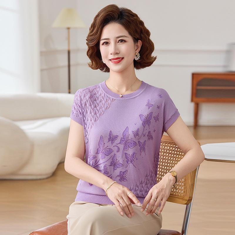 Stylish Knit Top: Women's Short-Sleeved Summer Shirt, Elegant and Versatile for Mothers and Seniors