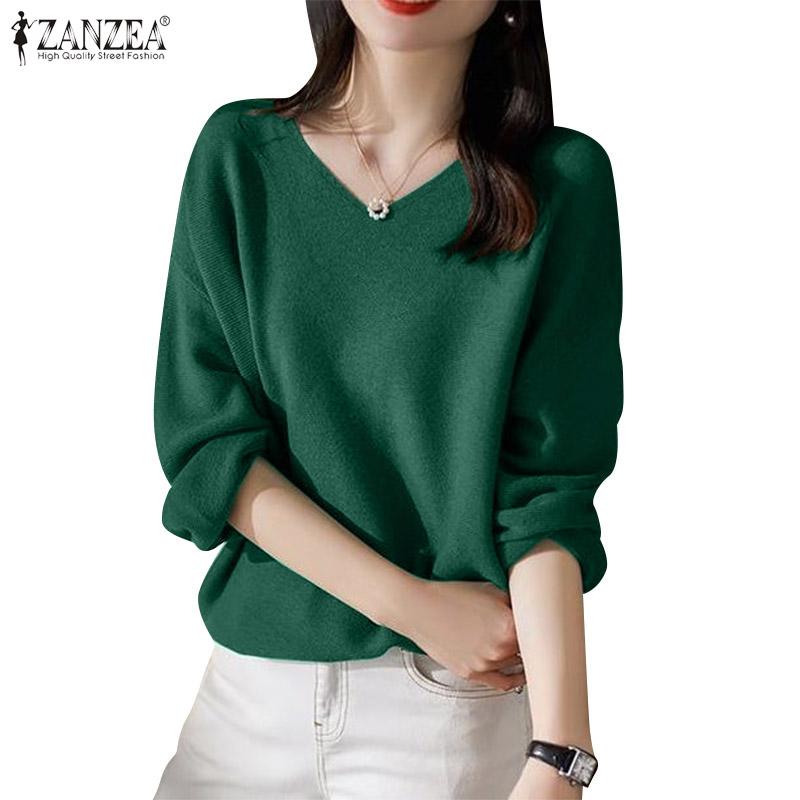 

ZANZEA Женская повседневная трикотажная блузка с длинным рукавом и v-образным вырезом, топы