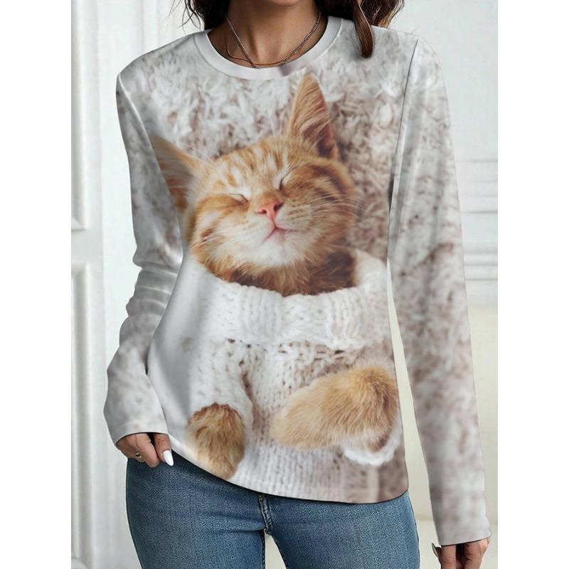 Fashion Cute Cat Print Women Long Sleeve T Shirt Crew Neck Pullover Tops Casual Fall Trend Women's Clothing Tops Tees