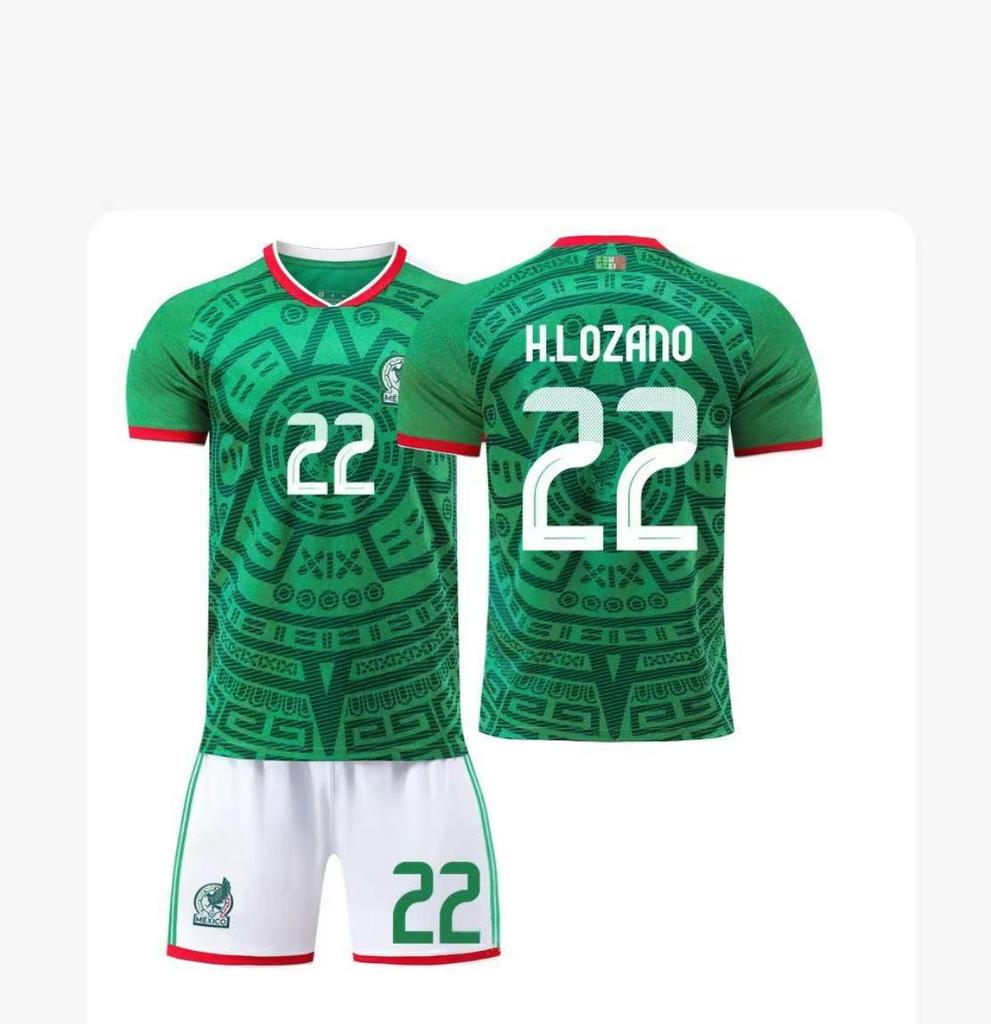 Kids' Mexico Football Jersey Set: Home No. 14 Hernandez & No. 22 Lozano.