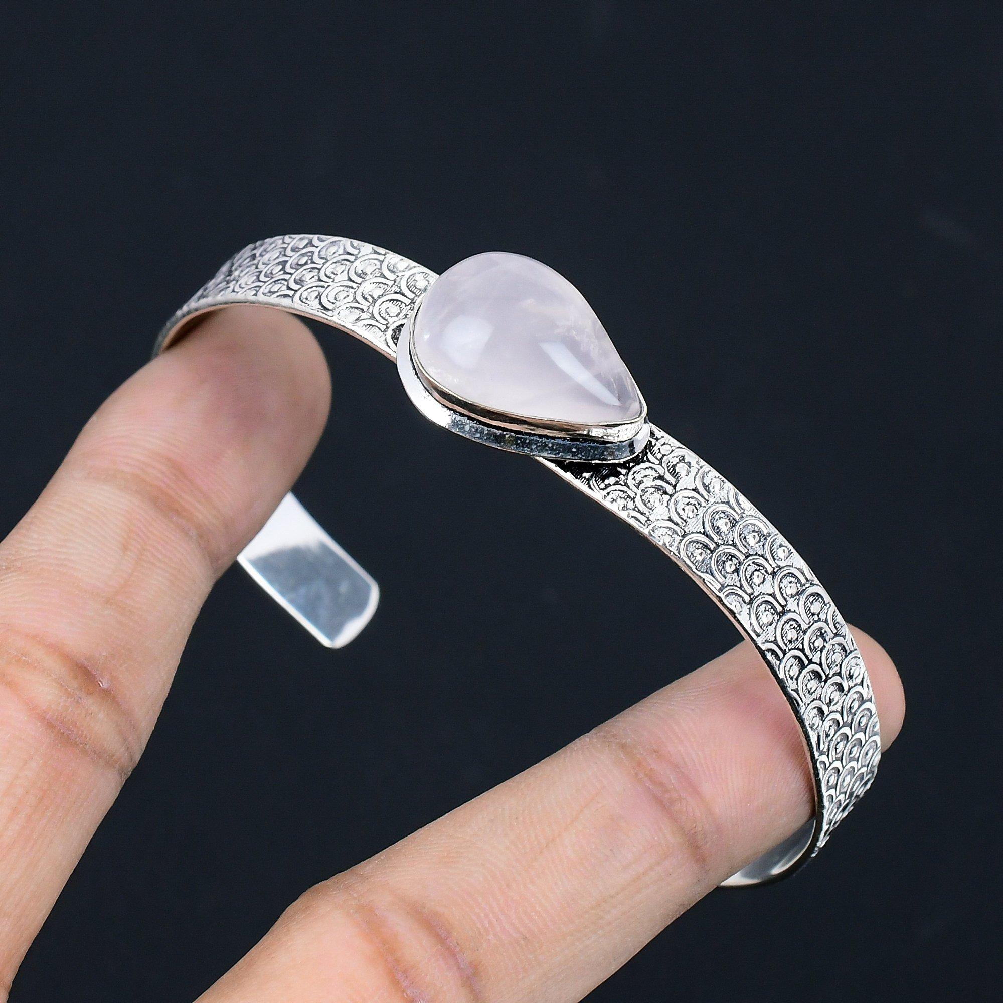 

Womens day Sale Rose Quartz Gemstone 925 Silver Anniversary Boho Bangle Jewelry Adjustable