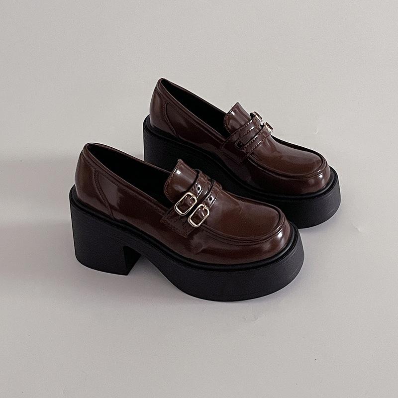 

Модные кожаные туфли на толстом каблуке с пряжкой, темпераментные, женские осенние, в французском ретро-стиле, под юбку, с открытым верхом, одинарные, женские 39 коричневый