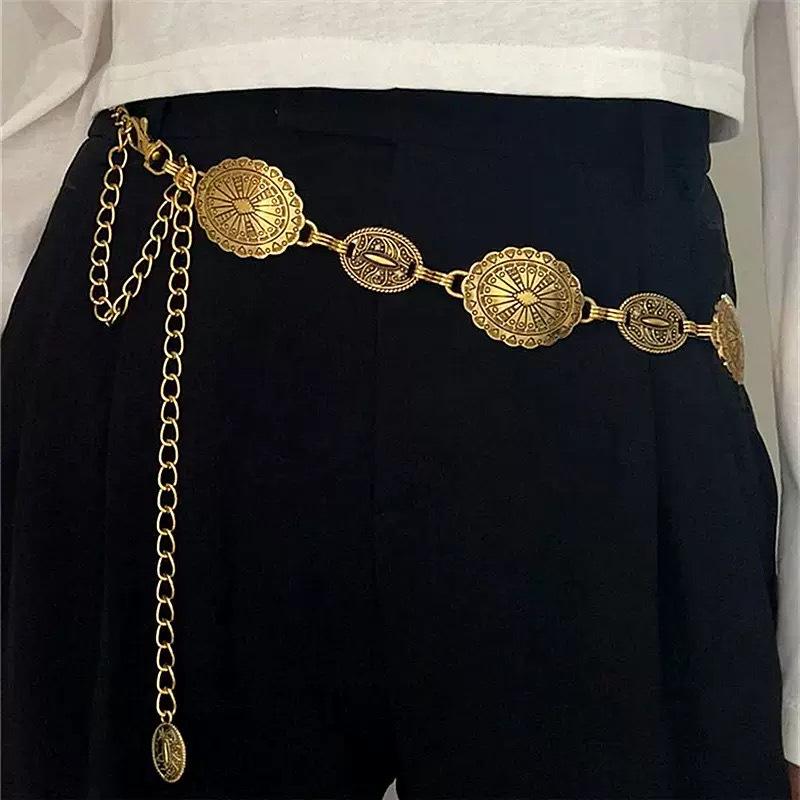 Retro Geometric Ethnic-Style Metal Waist Chain for Women