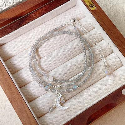 Elegantes 2mm Grauer Mondstein Dreifach-Kreis Perlenarmband - Doppelt verwendbar mit Zugband, Perfektes Geschenk für Frauen.