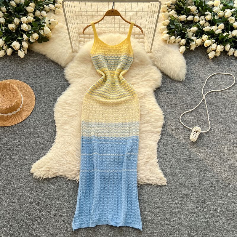 

Travel Holiday Style Sling Dress Women Sexy Gyaru Fashionable Color Matching Waist Hugging Slimming Knitted Sheath Long Skirt Blue All yards