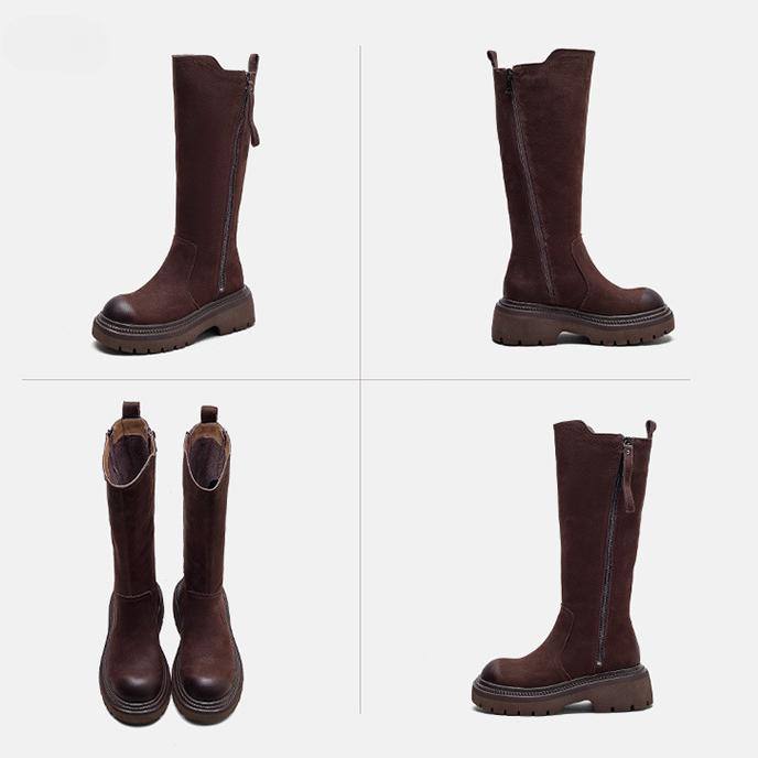 Johnature Retro High Boots Genuine Leather Fashion Side Zipper Knight Boots Thick Soled Women's Shoes