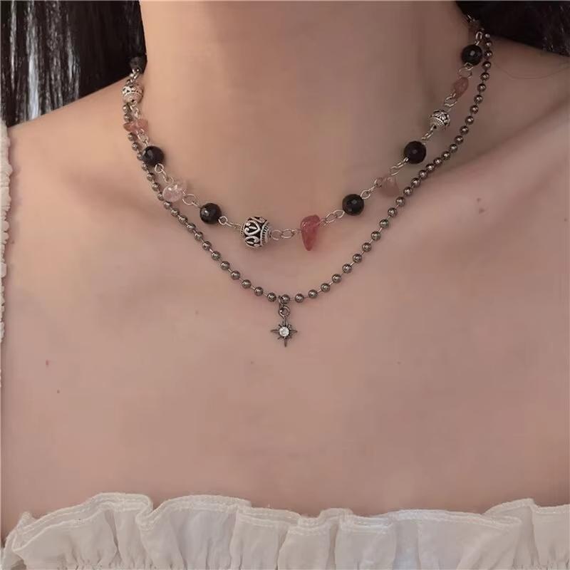 2 Stück Vintage Friedensschnalle Anhänger Halsketten Naturstein Perlen Ketten Choker Halskette Set Damen Herren Chinesischer Stil Schmuck